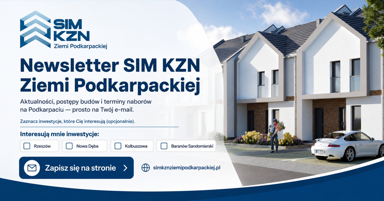 Newsletter SIM KZN Ziemi Podkarpackiej — aktualności, postępy budów i terminy naborów na e-mail; inwestycje: Rzeszów, Nowa Dęba, Kolbuszowa, Baranów Sandomierski